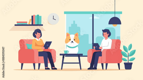 Two people and dog relax indoors on couches with tablets