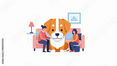 Two people sit on a couch with a large dog in a living room setting