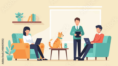 Two people work on laptops in a cozy room with a standing man and a cat