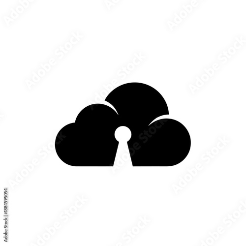 Black silhouette of two clouds with a keyhole cutout in the center, symbolizing cloud security and data protection.