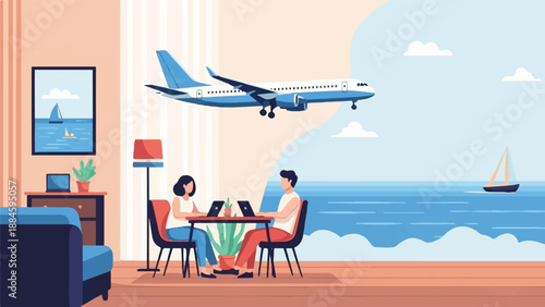 People work on laptops in a cozy room overlooking a beach scene with a sailboat and plane