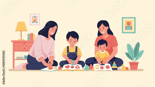 Two mothers and their children engage in playful learning indoors