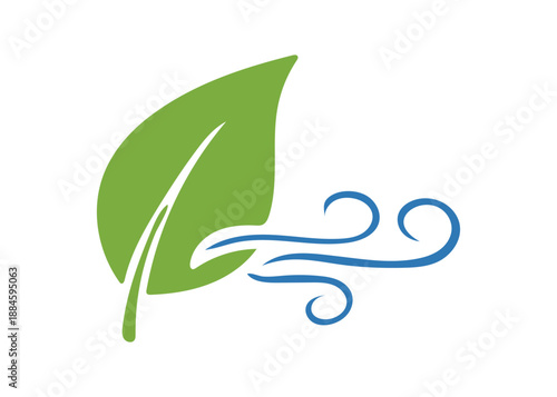 Green leaf and blue wind vector illustration isolated on transparent background, nature, fresh air, healthy environment