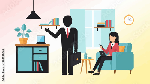 Two colleagues working in a modern office with a plant and bookshelves