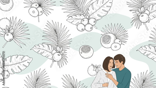 Young couple embracing amidst tropical leaves and exotic fruit illustrations