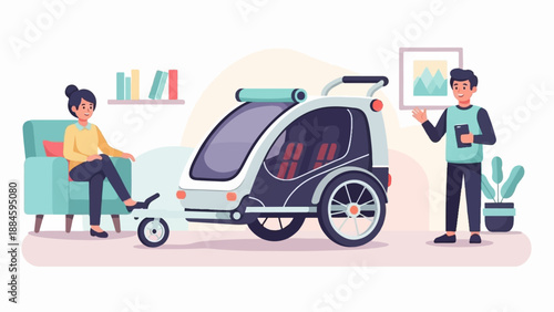 Two people discuss a modern three-wheeled transport vehicle in a bright interior