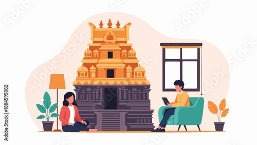 Two people relax indoors with a large temple structure as a decorative centerpiece