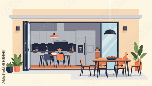 Modern open concept kitchen and dining area with large doors to outdoor space