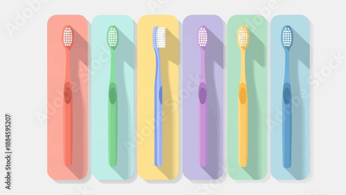 Six colorful toothbrushes arranged in a row on a light gray background