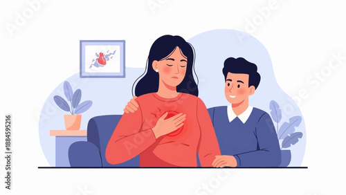 Woman clutches chest in pain, man offers comfort on sofa