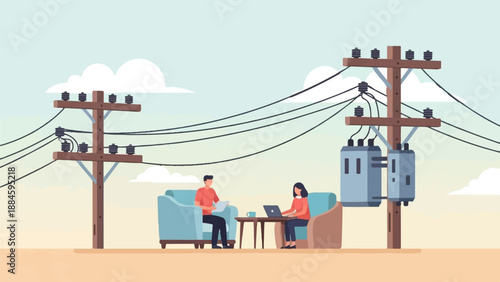 People sit in comfortable chairs under utility poles and power lines