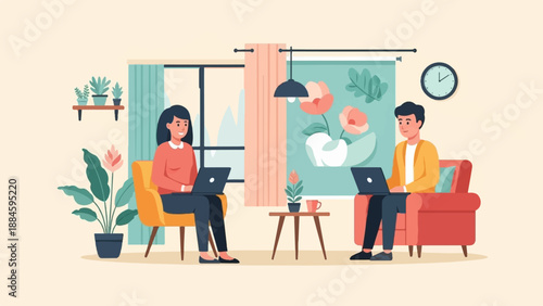 Two individuals working on laptops in a cozy, plant-filled room