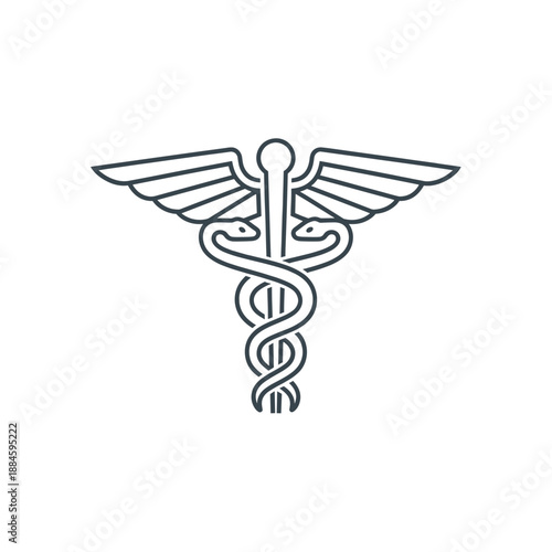 Line art illustration of a Caduceus symbol, featuring a staff with two intertwined snakes and wings, representing medicine and commerce.