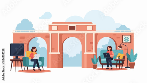 Two people work remotely in comfortable seating areas beneath a large arched structure