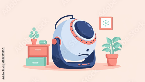 Retro-futuristic fan sits on floor near a dresser with plants