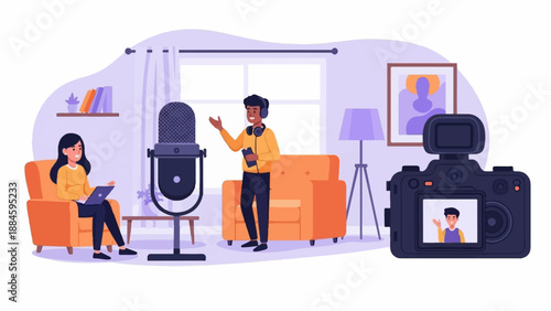 Two people recording audio and video in a cozy room with a camera