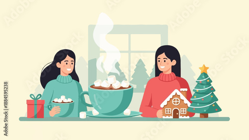 Two women with hot chocolate and Christmas decorations