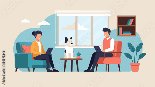Two people work on laptops at home with a dog and plants (1)