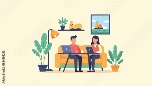 Two people working on laptops on a couch at home, surrounded by plants
