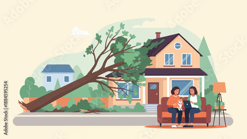 Two people and a dog sit on a sofa outside their home after a tree fell