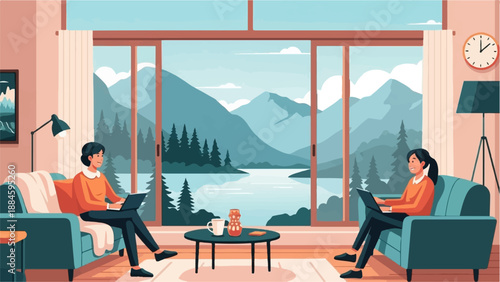 Two individuals work remotely in a cozy room with a scenic mountain lake view