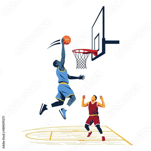 Basketball player dunking on opponent during game with court lines