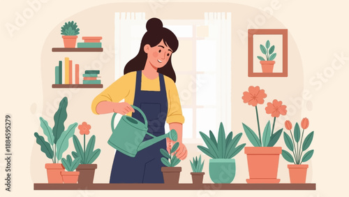 Woman tending to houseplants indoors, watering greenery near a window