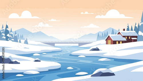 Pixelated winter scene with a winding river, snowy trees, and cozy homes