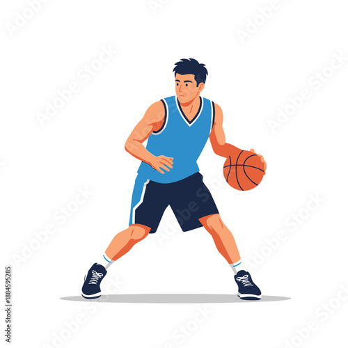 Young Man Dribbling Basketball Ball, Athletic Player in Action, Sports Illustration