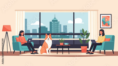 Two people working on laptops in a bright room with a dog