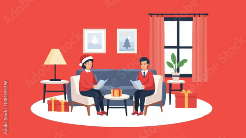 Two people in a living room wearing Christmas attire, exchanging gifts