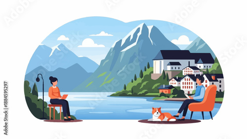 Serene lakeside village with people and a dog enjoying the view
