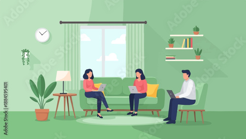 Three people work on laptops in a bright, modern living room