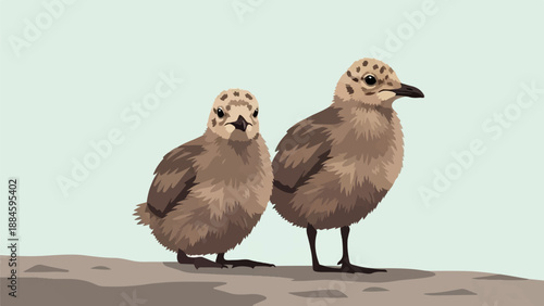 Two fluffy brown chicks with speckled heads stand on a gray surface