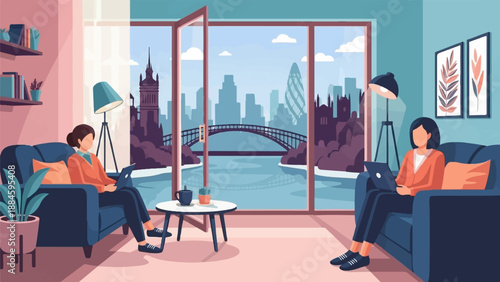 Two women work on laptops in a modern living room with a cityscape view