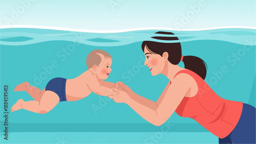 Woman holds baby's hands as baby swims underwater in pool