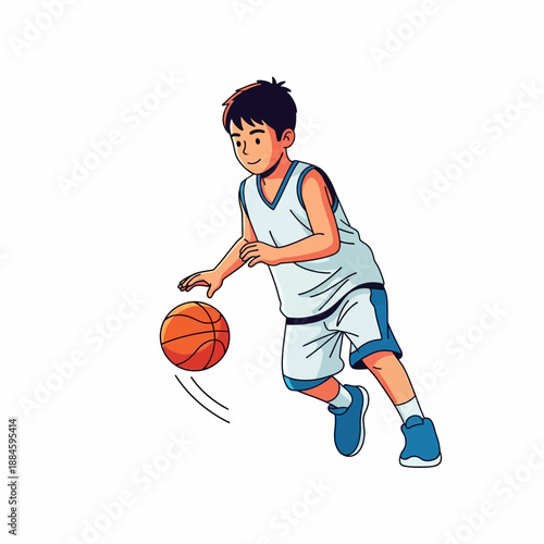 Young boy dribbling a basketball, playing sports, active lifestyle, illustration