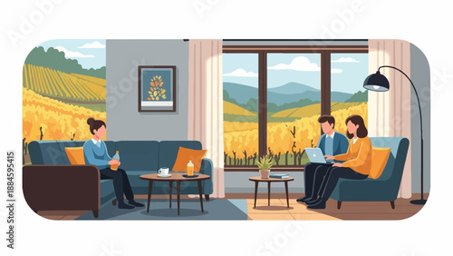 People in a cozy living room with a vineyard view