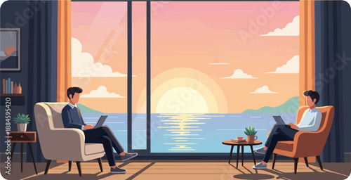 Two individuals work on laptops, relaxed in armchairs by a large window