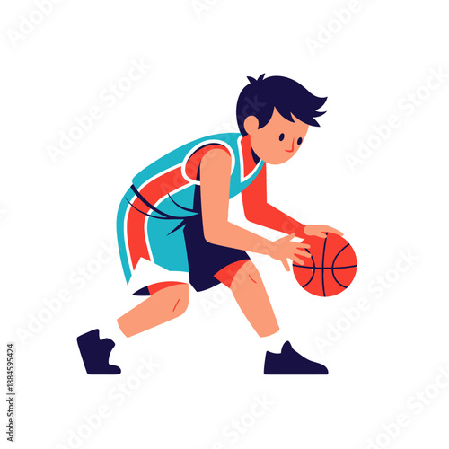 Young boy playing basketball, dribbling ball, athletic, vector illustration