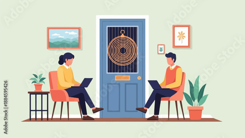 Two people working on laptops in a cozy room with a blue door