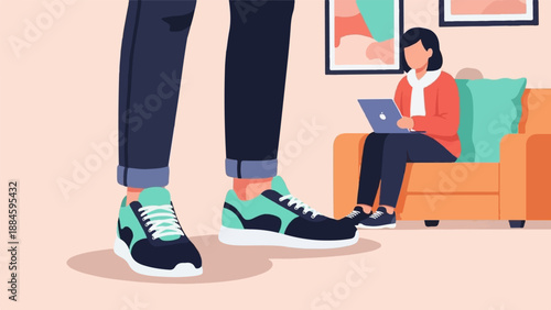 Person on couch with laptop, feet of another person in sneakers