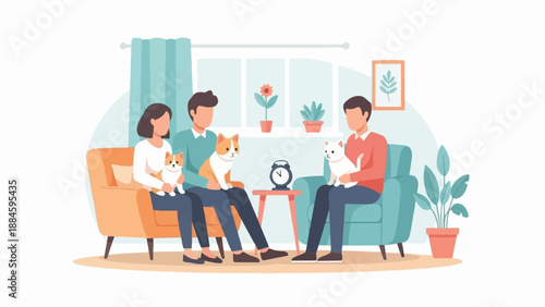 People relaxing indoors with their cats and dogs, plants, and decor