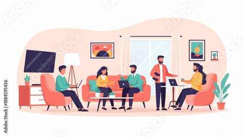 Modern co-working space in a living room with people working