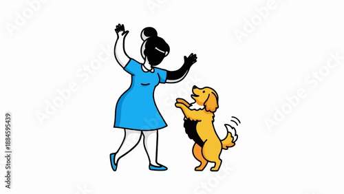Person in blue dress plays with excited golden dog