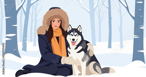 Woman in winter coat and fur hat with husky dog in snowy forest