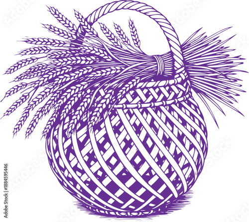 Intricate basket with wheat Vector, illustration
