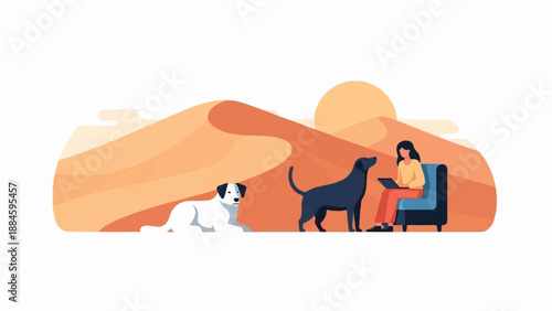 Woman and dogs in desert landscape with sun