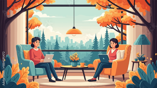 Two women work on laptops in cozy armchairs, overlooking autumn trees and a city skyline