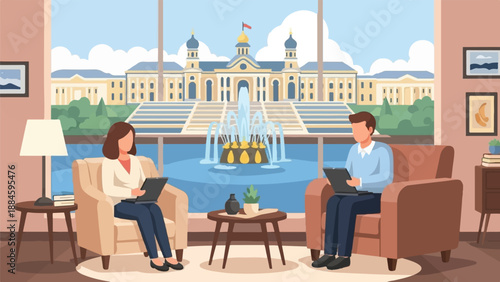 Two people work on laptops in comfortable chairs inside, overlooking a grand building with a fountain